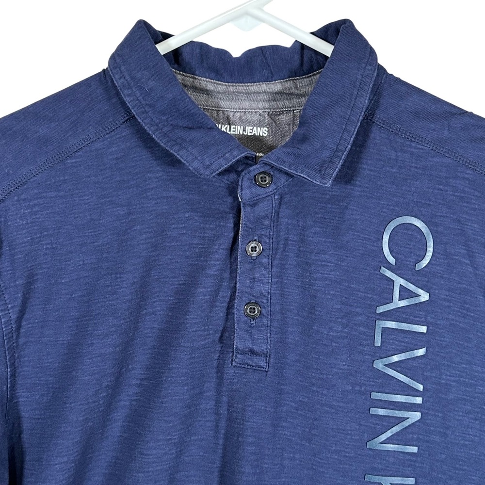 Calvin Klein Jeans‎ Mens Navy Blue Slub Cotton Vertical Logo Polo Shirt Large